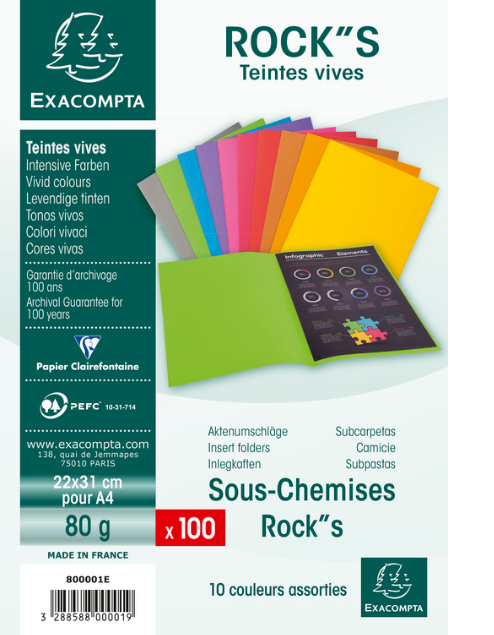 PAQUET-PAQUET 100 SOUS CHEMISES ROCK - 22x31cm - Couleurs assorties