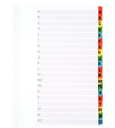 INTERCALAIRE MYLAR - CARTON A4  ALHABETIQUE 20 POSITIONS