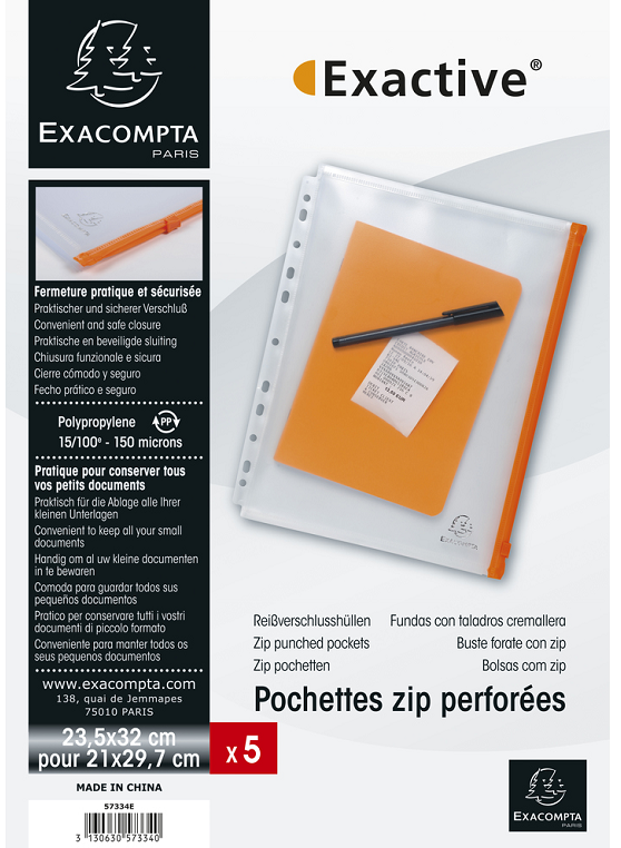 SACHET DE 5 POCHETTES ZIP PERFOREES POLYPROPYLENE-A4-CRISTAL TRANSLUCIDE