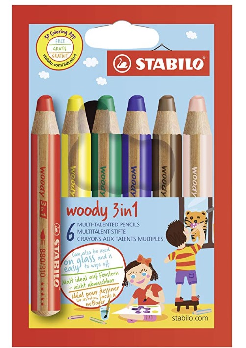 ETUI DE 6 CRAYONS DE COULEUR STABILO WOODY 3in1 + TAILLE CRAYON-  (fonctionne sur tableau blanc)