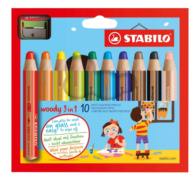 ETUI DE 10 CRAYONS DE COULEUR STABILO WOODY 3in1 + TAILLE CRAYON  (fonctionne sur tableau blanc)