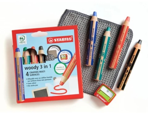 ETUI DE 4 CRAYONS DE COULEUR STABILO WOODY 3in1 noir, bleu, rouge, vert + TAILLE CRAYON +chiffonnette-  (fonctionne sur tableau blanc)