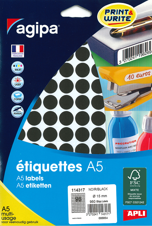 960 ÉTIQUETTES/PASTILLES RONDES DIAMÈTRE 15 MM NOIR