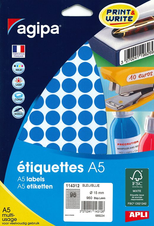 960 ÉTIQUETTES/PASTILLES RONDES DIAMÈTRE 15 MM BLEU