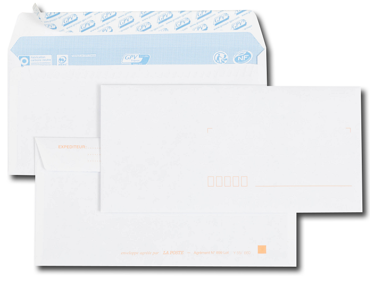 500 ENVELOPPES 110X220 BLANCHES PRECASÉES 80 G AVEC BANDE DE PROTECTION