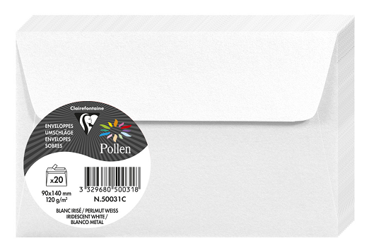 PAQUET 20 ENVELOPPES POLLEN 90X140 BLANC IRISE 