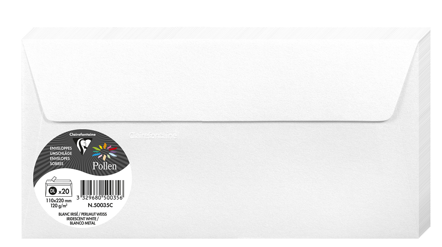 PAQUET 20 ENVELOPPES POLLEN 110X220 BLANC IRISE