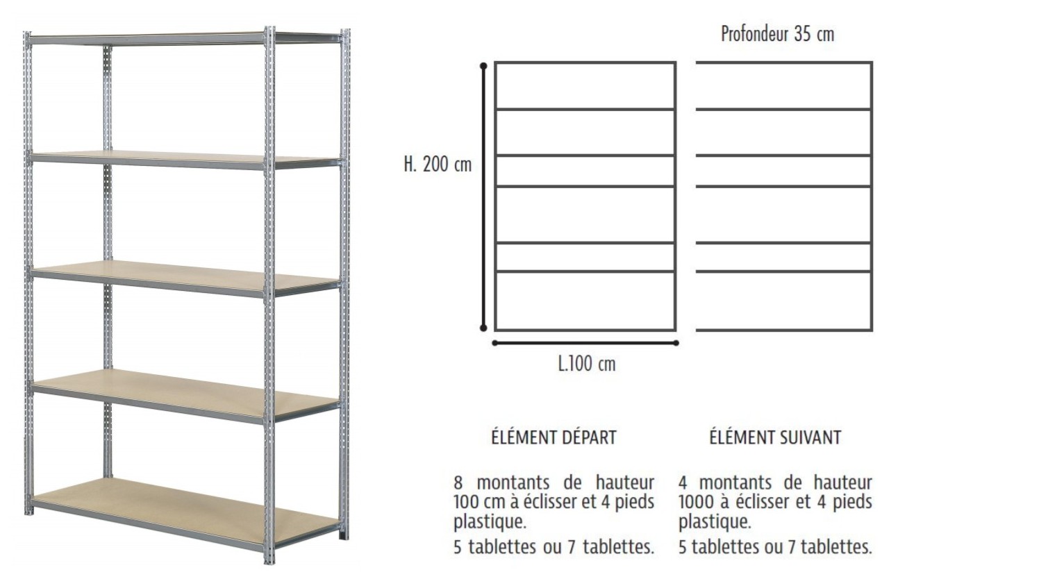 RAYONNAGE D'ARCHIVES 200x100X35cm 5 tablettes ELEMENT DEPART