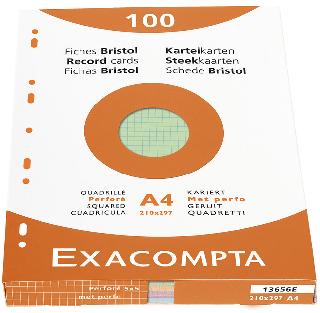 100 FICHES BRISTOL Q 5X5 210X297 PERFOREES ASSORTIES