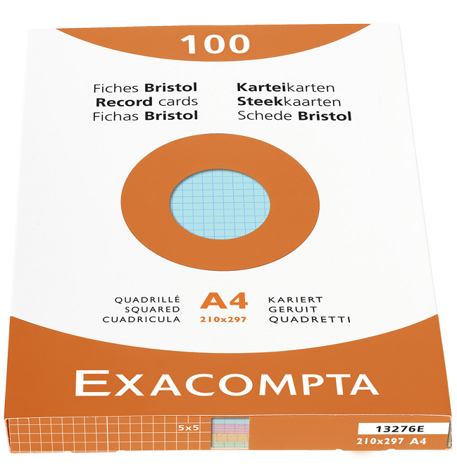 100 FICHES BRISTOL QUADRILLES 5X5 A4 ASSORTIS