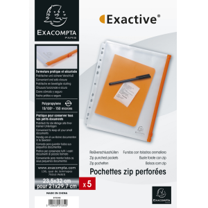 SACHET DE 5 POCHETTES ZIP PERFOREES POLYPROPYLENE-A4-CRISTAL TRANSLUCIDE