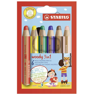 ETUI DE 6 CRAYONS DE COULEUR STABILO WOODY 3in1 + TAILLE CRAYON-  (fonctionne sur tableau blanc)