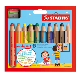 ETUI DE 10 CRAYONS DE COULEUR STABILO WOODY 3in1 + TAILLE CRAYON  (fonctionne sur tableau blanc)